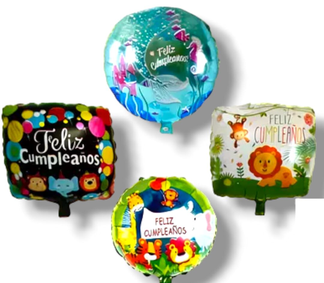 GLOBO METALIZADO REDONDO/CUADRADO “FELIZ CUMPLEAÑOS” INFANTIL – 45 CM –  Cotillon Lapislazuli